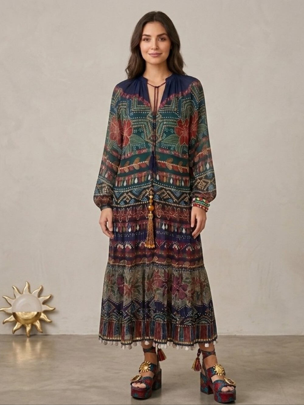 NWT FARM RIO Graphic Shine Maxi Dress Small Metallic Lurex Coin Sequin Hem $275 - Picture 11 of 13